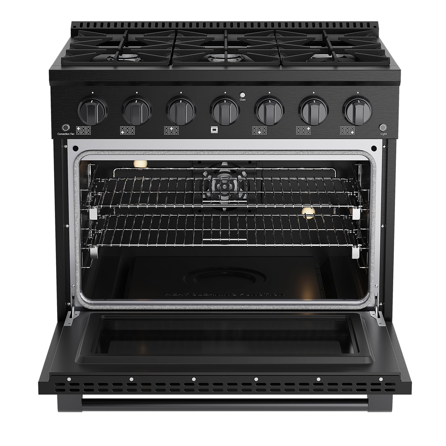 Black gas stove with open oven door on a white background