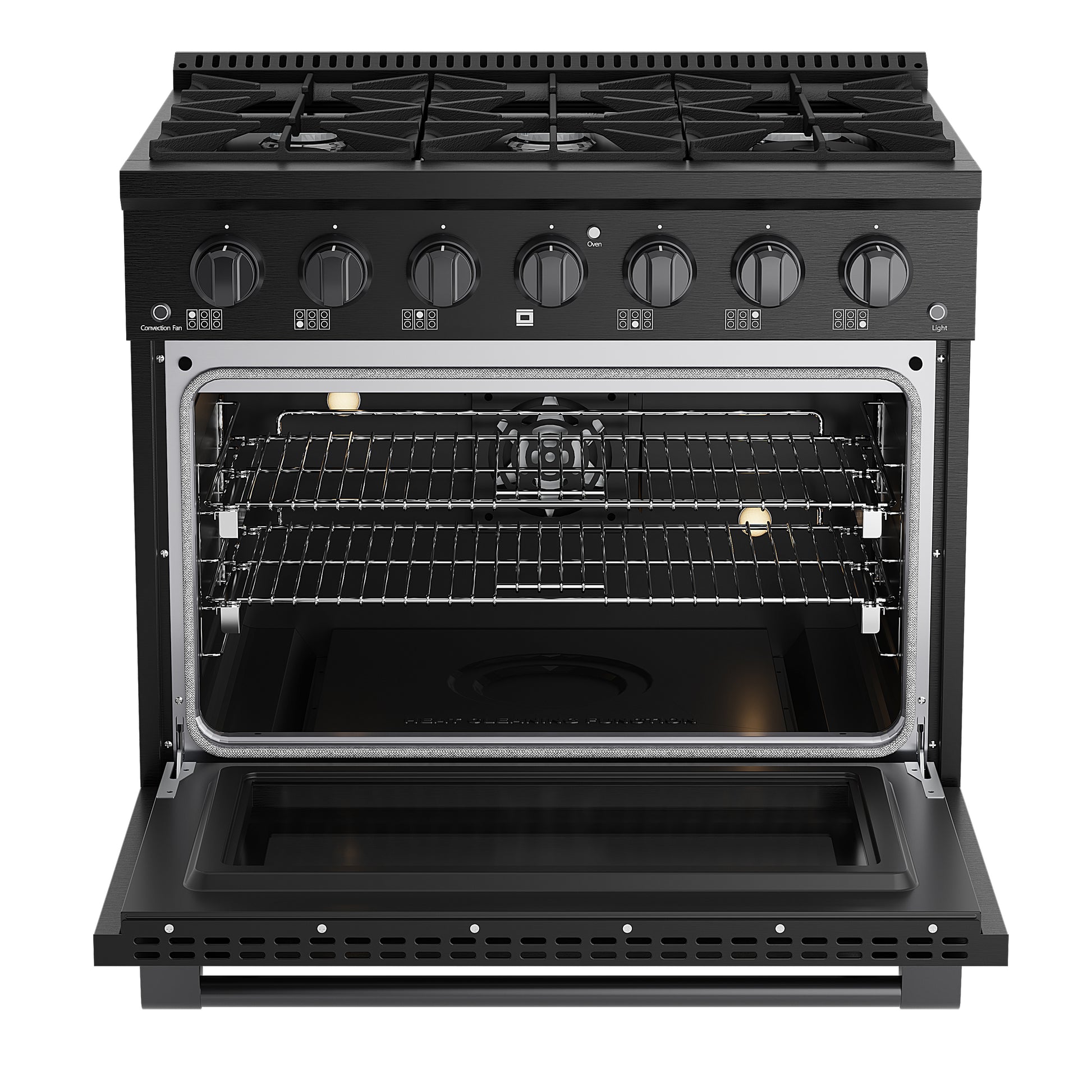 Black gas stove with open oven door on a white background
