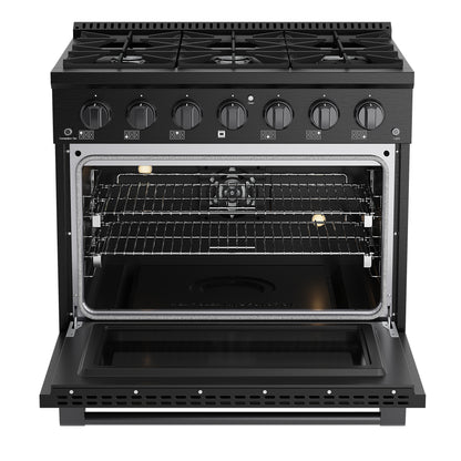 Black gas stove with open oven door on a white background
