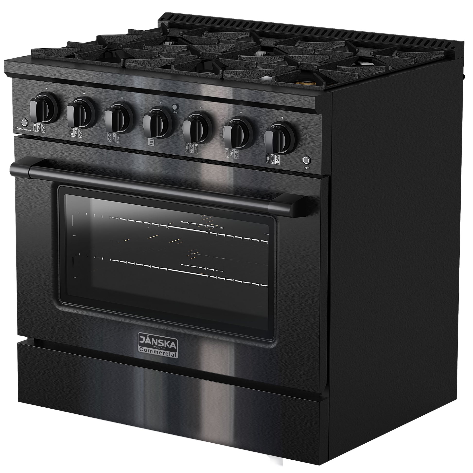 Black stove with Dantska branding on a white background