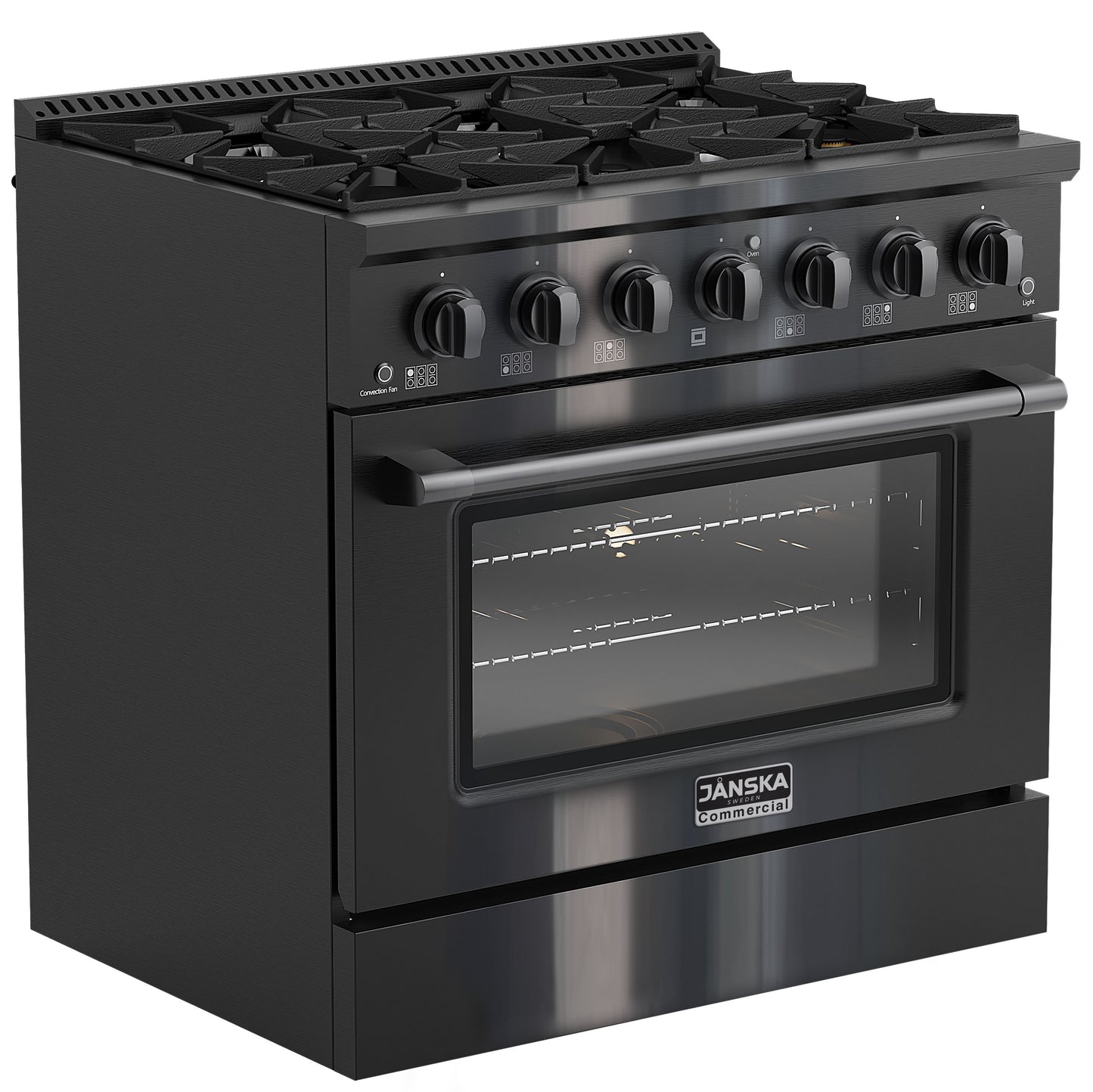 Black stove with oven and gas cooktop on a white background