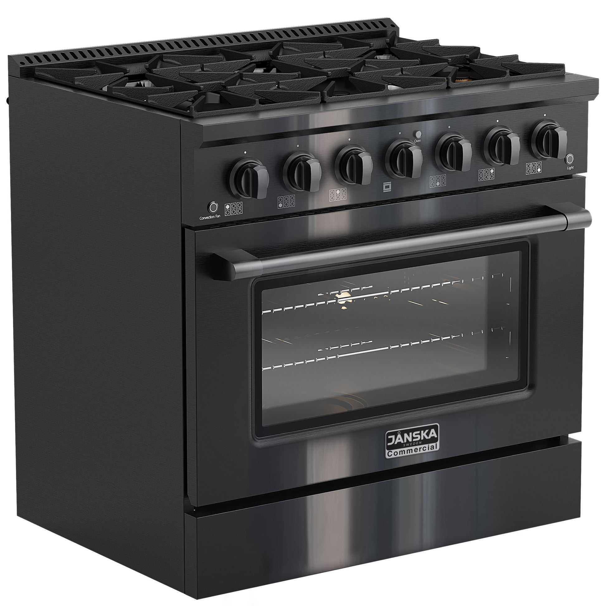 Black stove with oven and gas cooktop on a white background