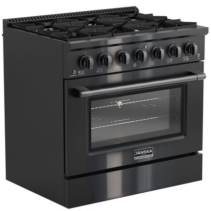Black stove with oven and gas cooktop on a white background