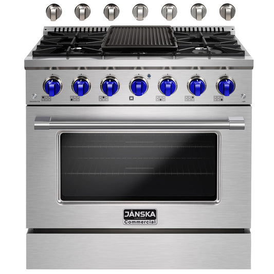 Stainless steel commercial stove with blue knobs on a white background, featuring the Janska brand.