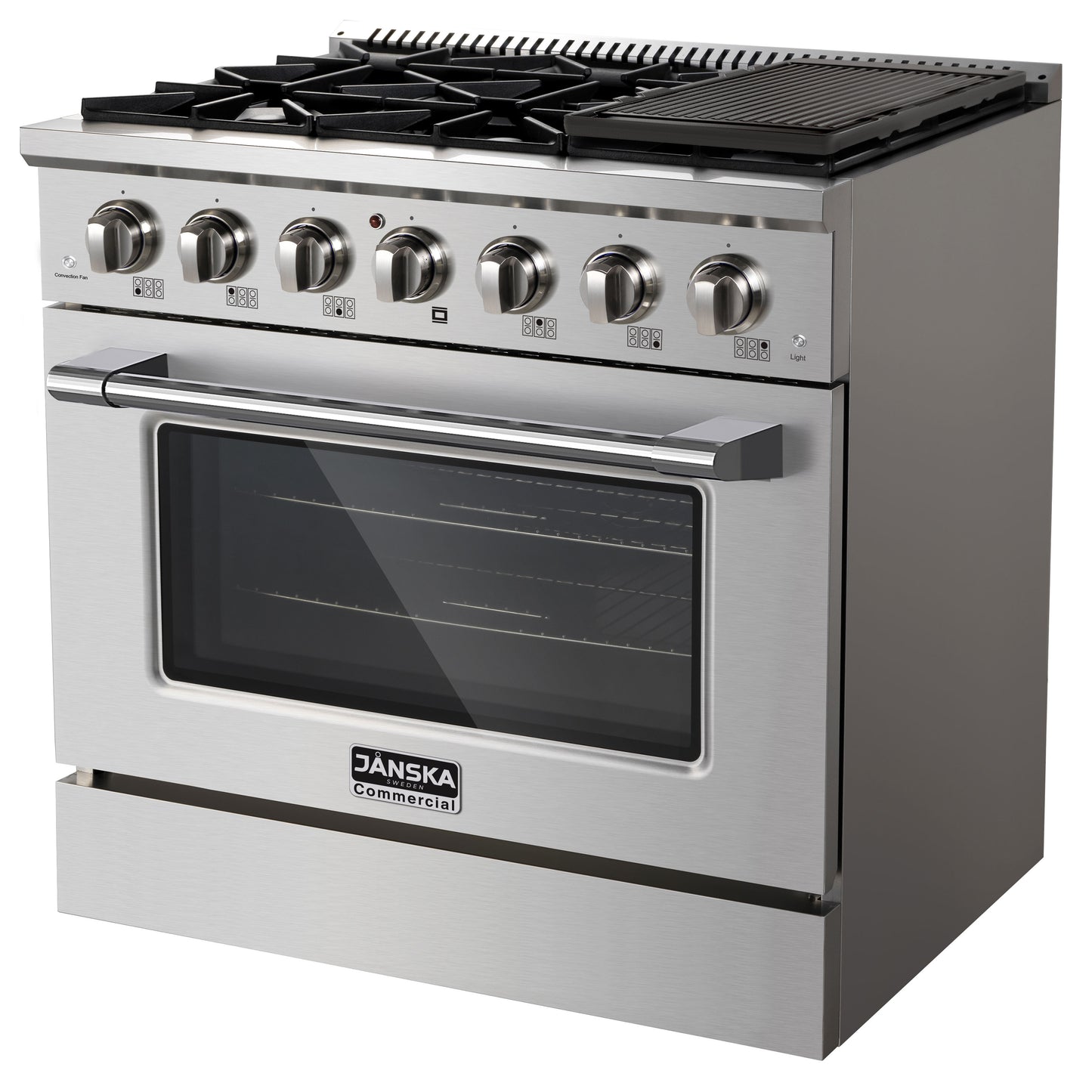 Stainless steel commercial oven with gas cooktop on a white background
