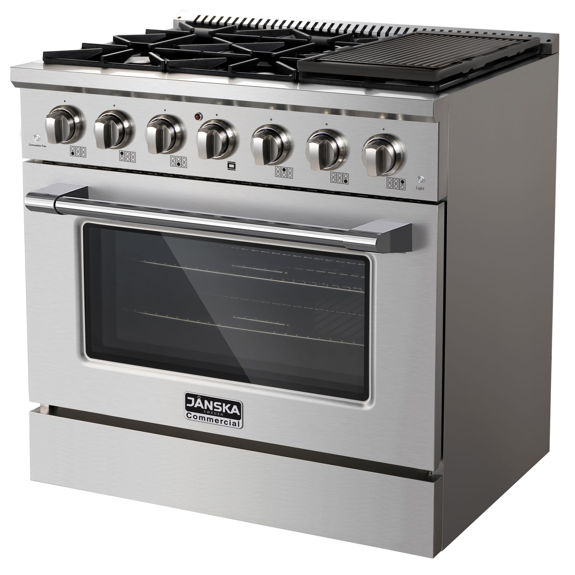 Stainless steel commercial oven with gas cooktop on a white background