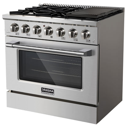 Stainless steel commercial oven with gas cooktop on a white background