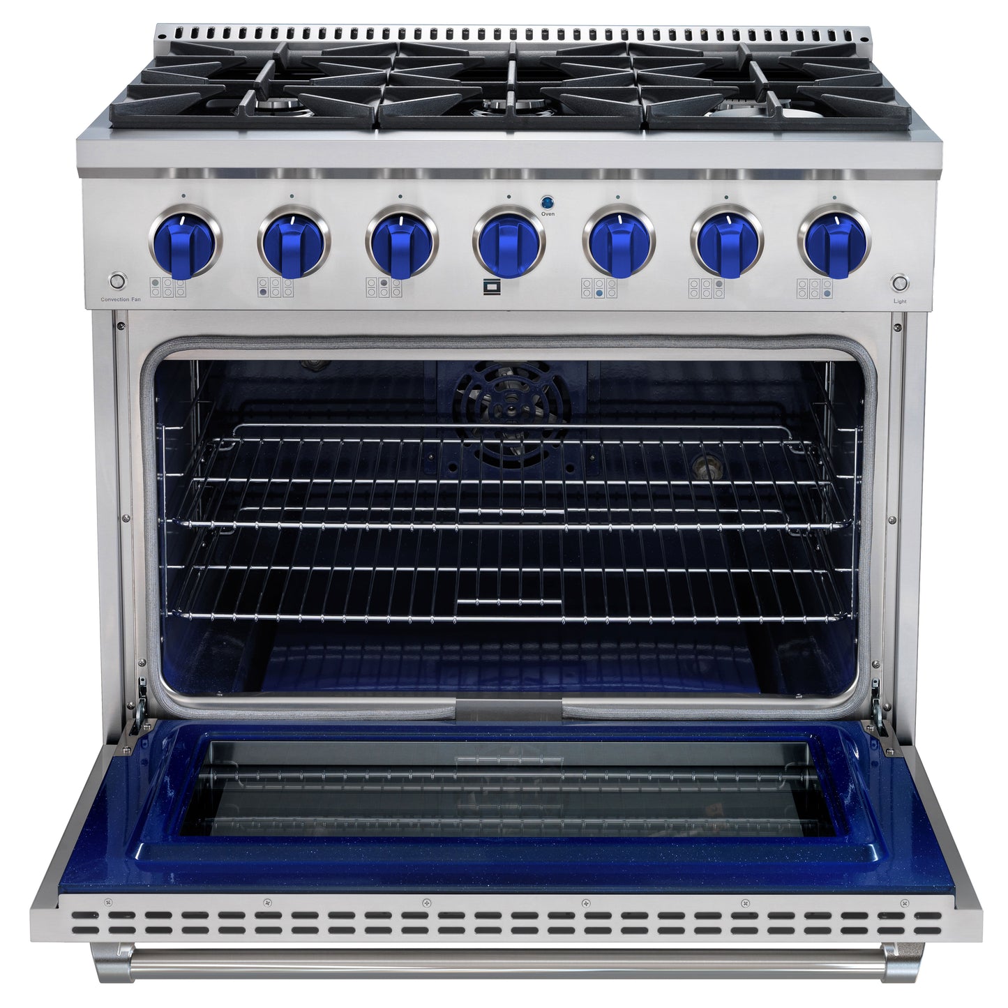 Stainless steel kitchen range with open oven door on a white background