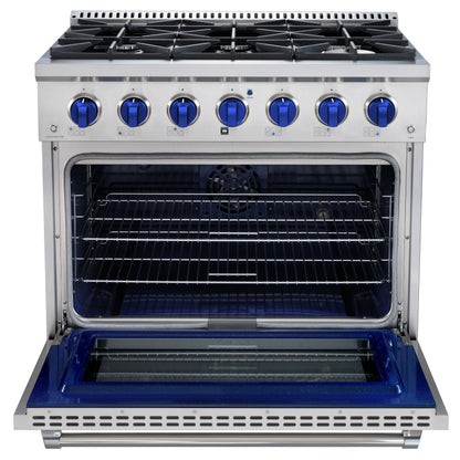 Stainless steel kitchen range with open oven door on a white background