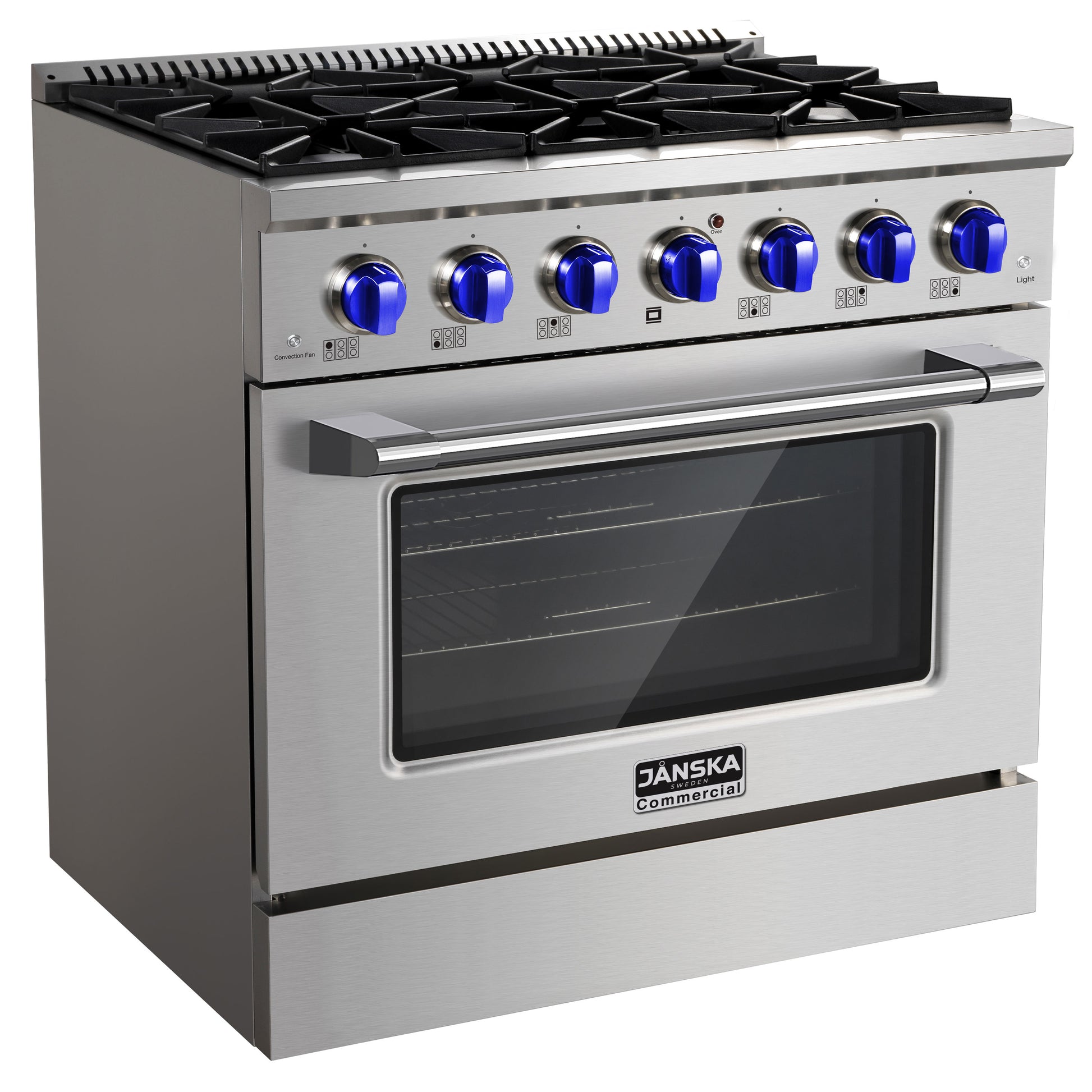Stainless steel commercial oven with gas stove and blue knobs on a white background