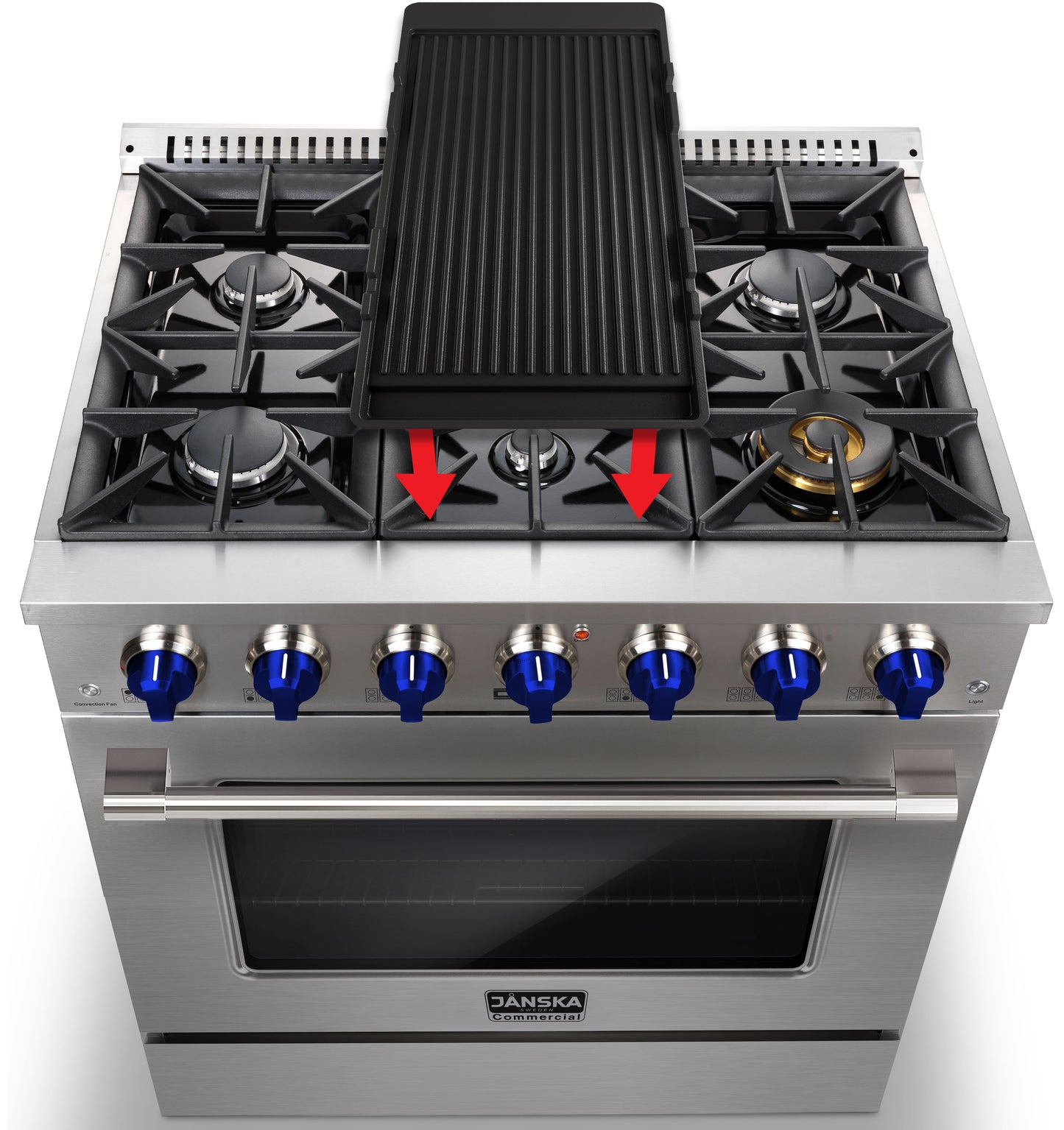Stainless steel gas stove with blue knobs and a grill stovetop on a white background