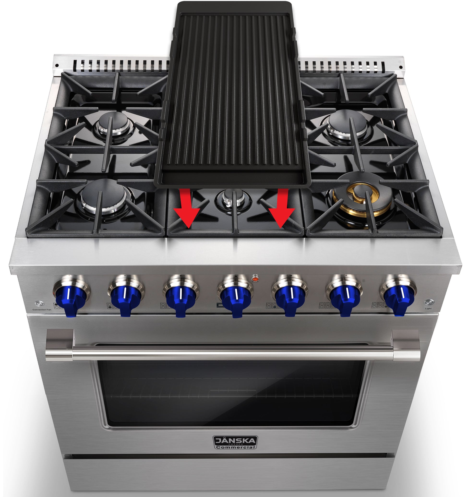 Stainless steel gas stove with blue knobs and a grill stovetop on a white background
