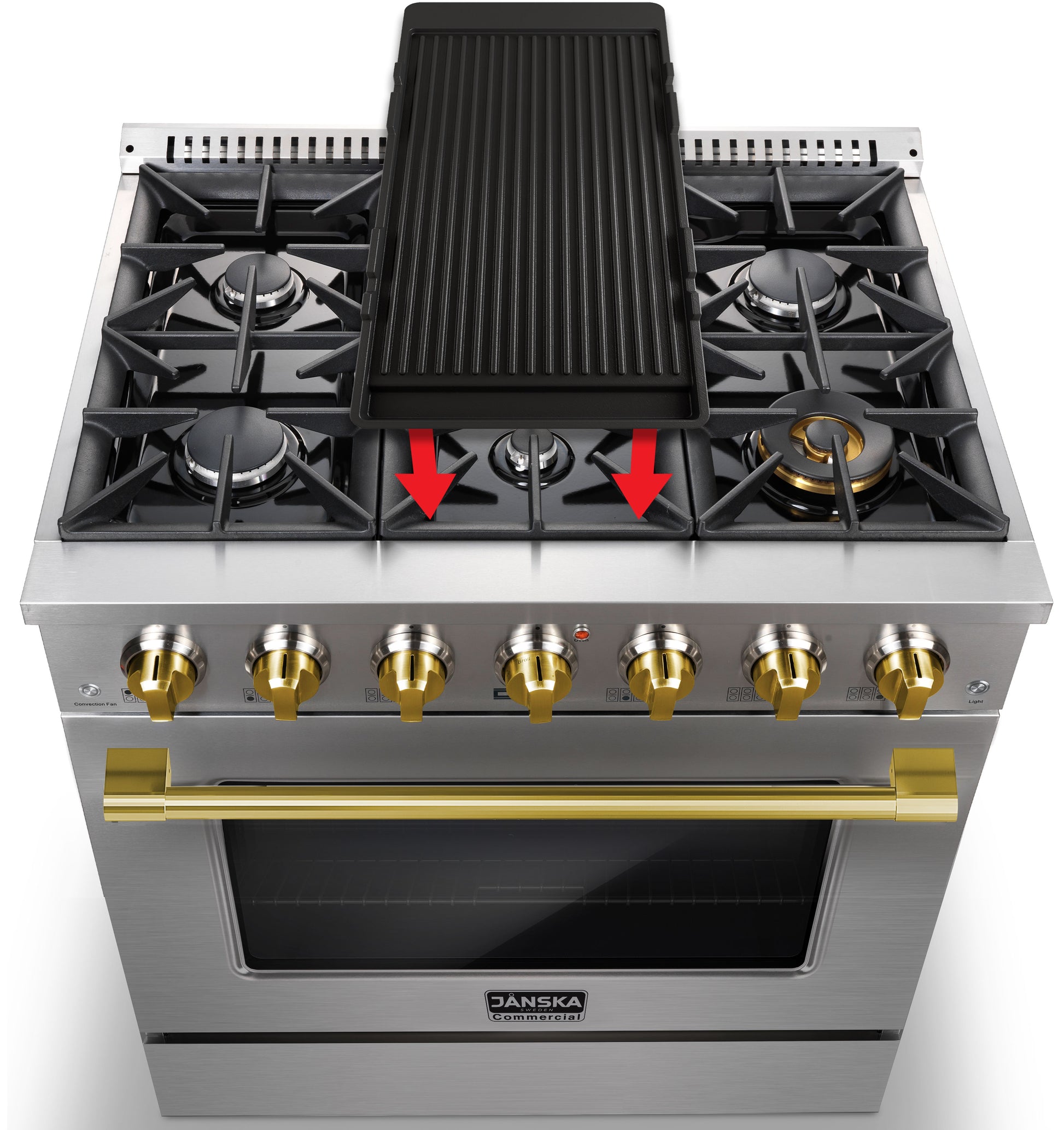 Stainless steel gas stove with griddle and gold knobs on a white background