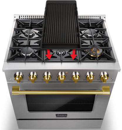 Stainless steel gas stove with griddle and gold knobs on a white background
