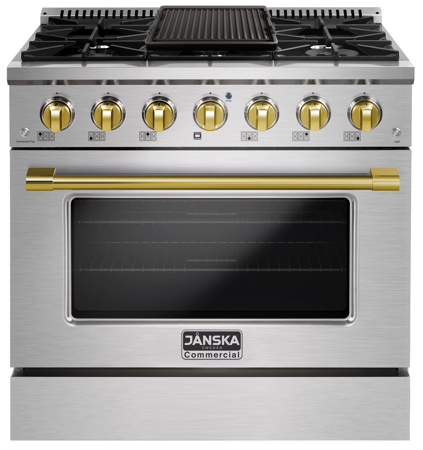 Stainless steel and gold commercial stove with Janska branding on a white background