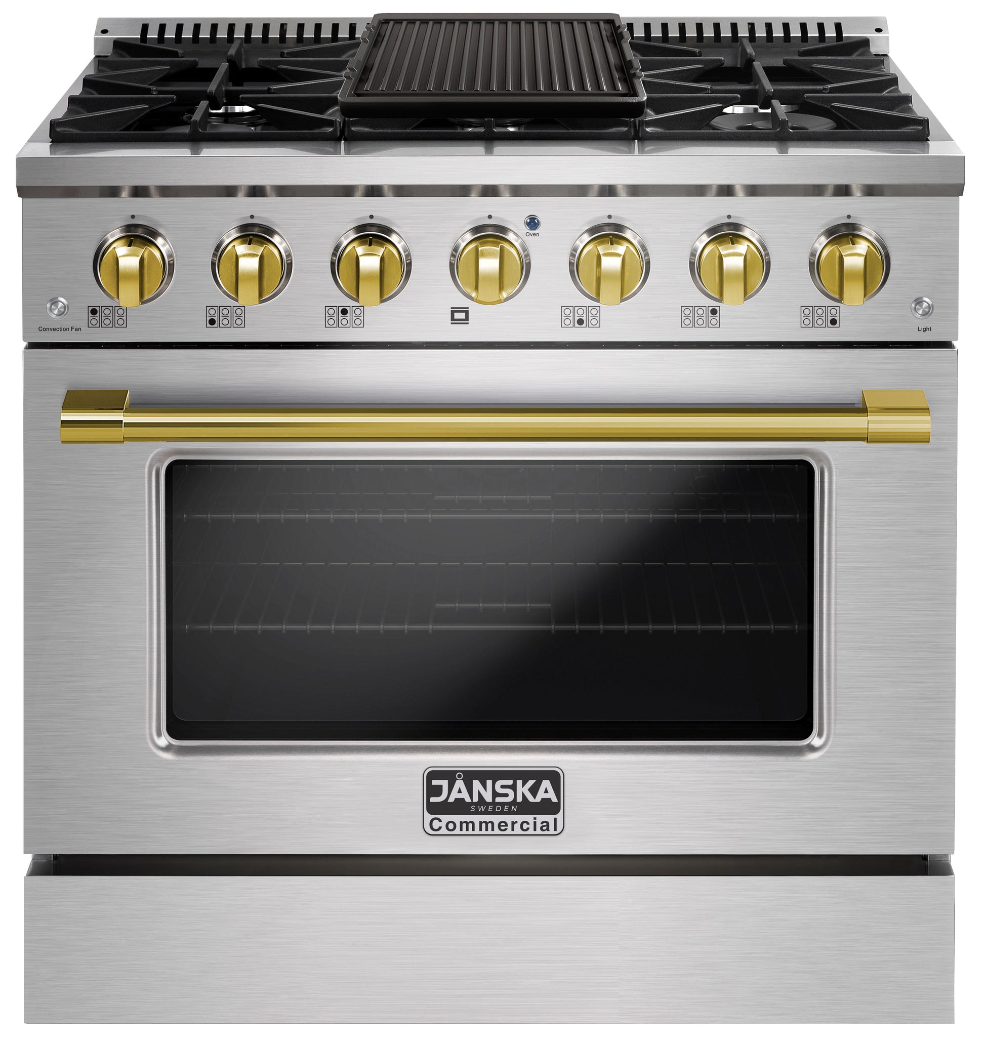 Stainless steel and gold commercial stove with Janska branding on a white background