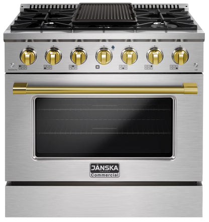 Stainless steel and gold commercial stove with Janska branding on a white background
