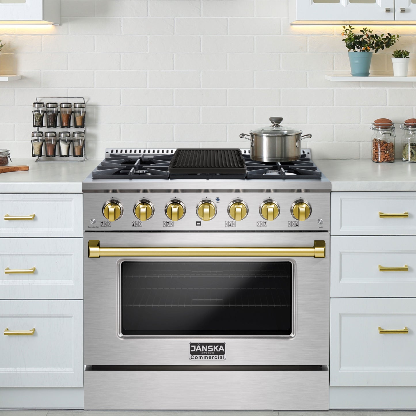 Stainless steel oven with gold knobs in a modern kitchen
