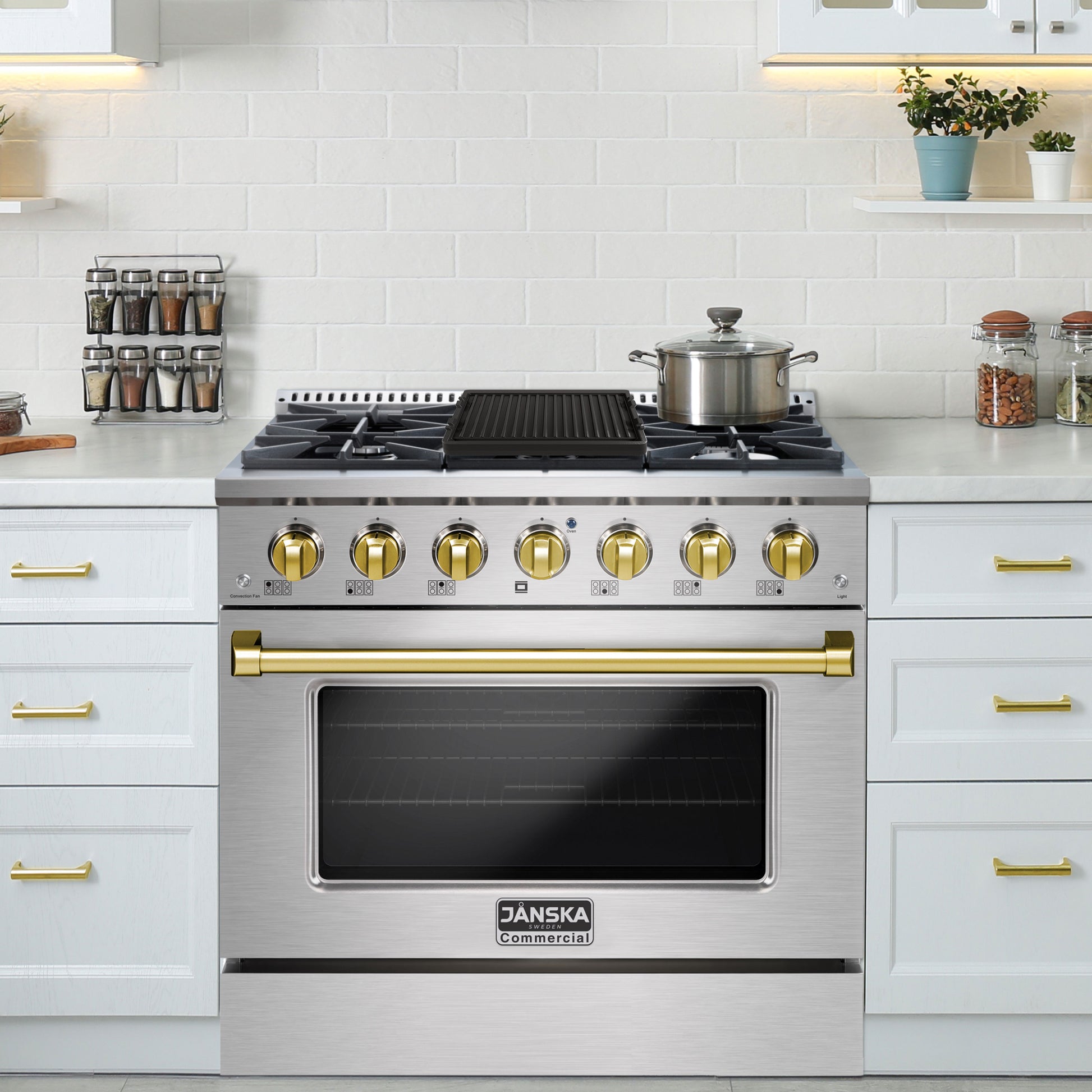Stainless steel oven with gold knobs in a modern kitchen