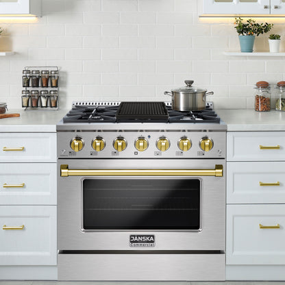 Stainless steel oven with gold knobs in a modern kitchen