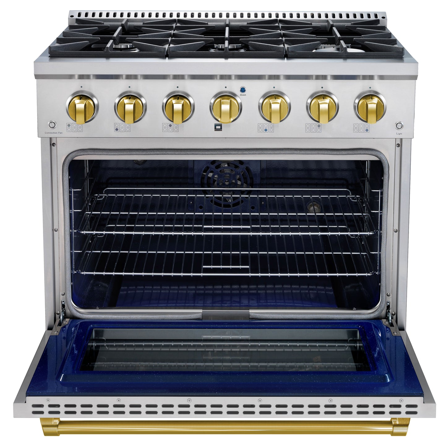 Stainless steel kitchen range with open oven door on a white background