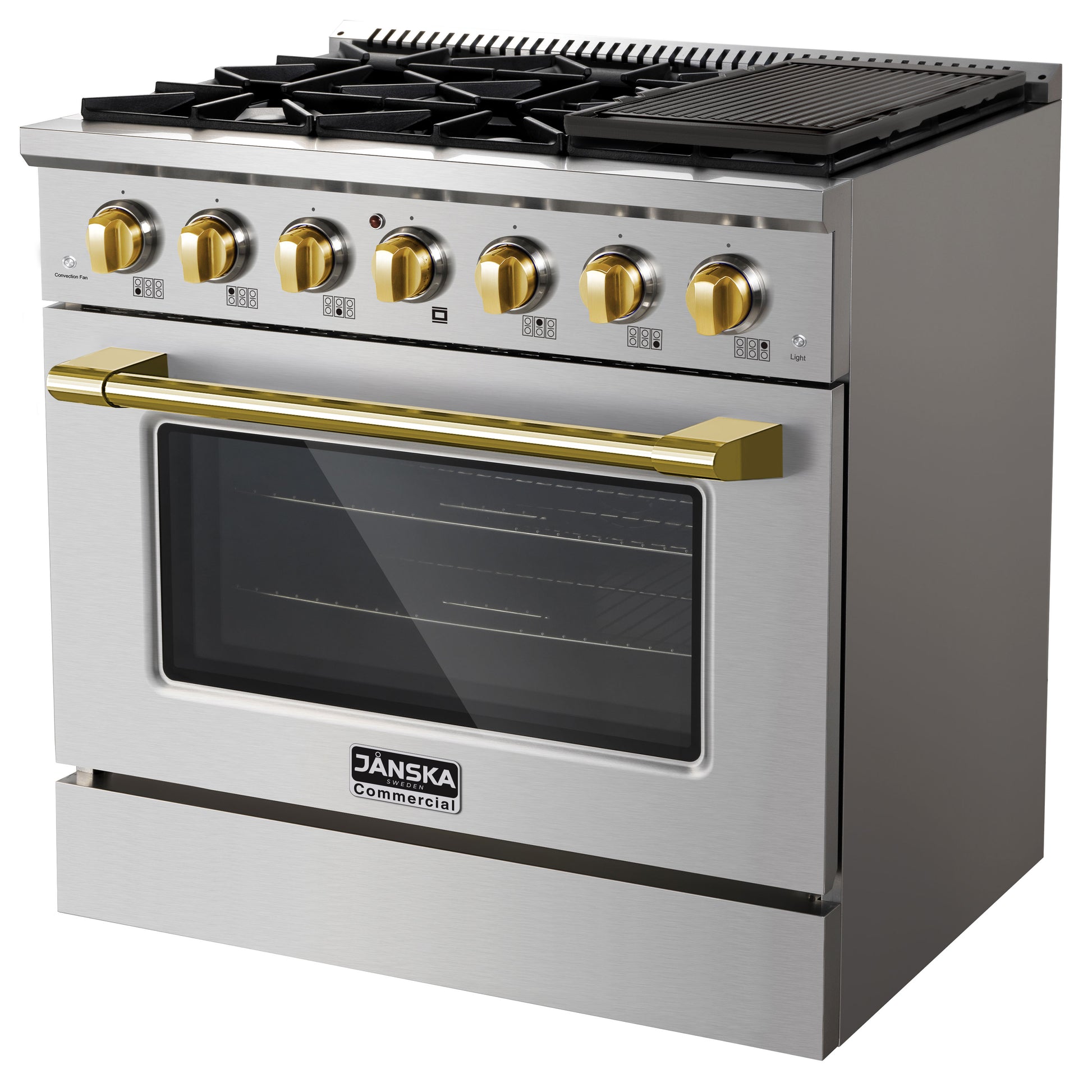 Stainless steel commercial oven with gold handles on a white background