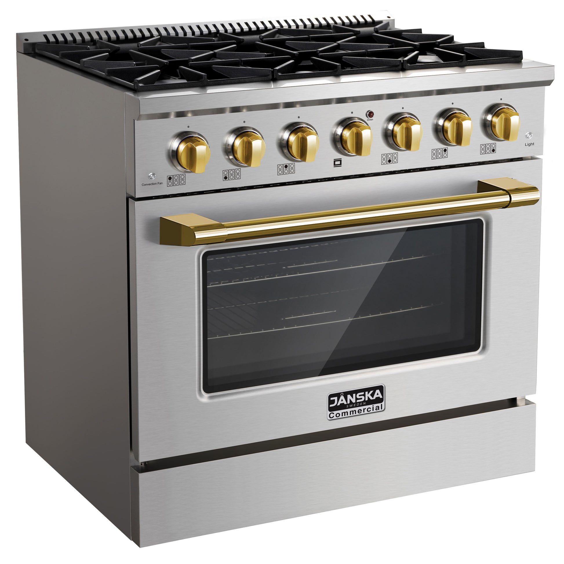 Stainless steel kitchen range with gold knobs and handle on a white background