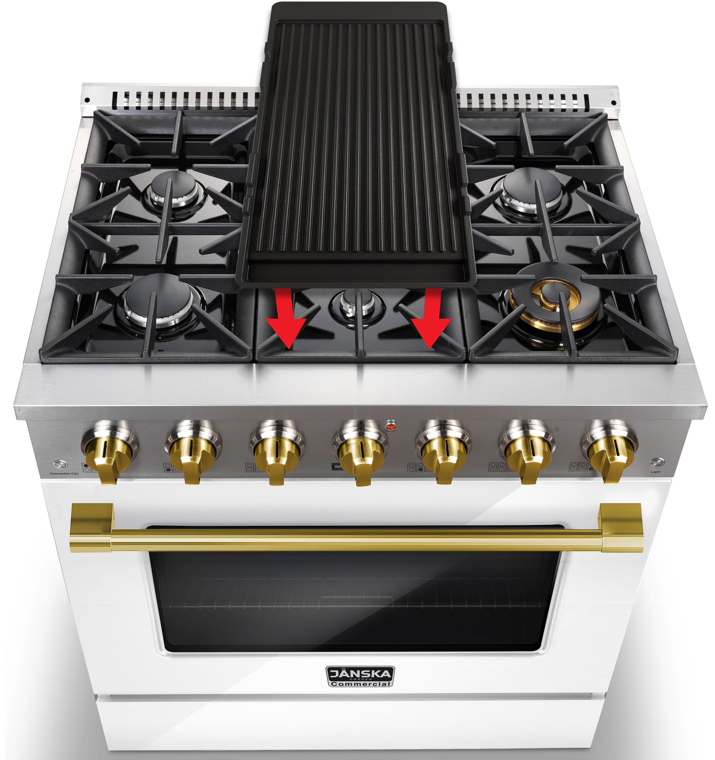 Stainless steel gas stove with griddle and gold knobs on a white background