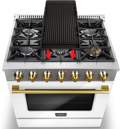Stainless steel gas stove with griddle and gold knobs on a white background