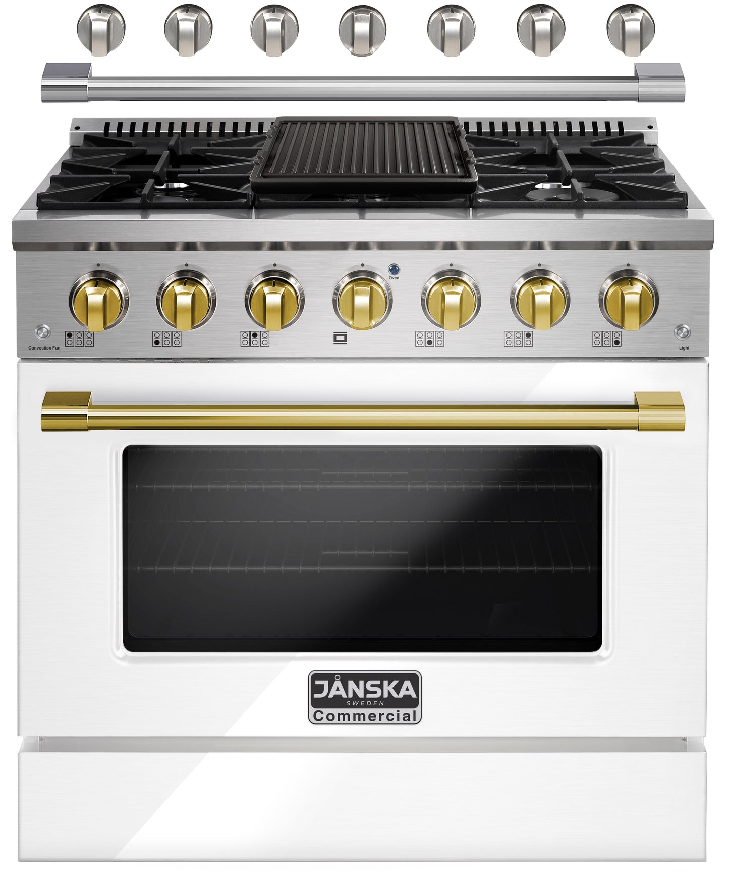 White and gold commercial stove with Janska branding