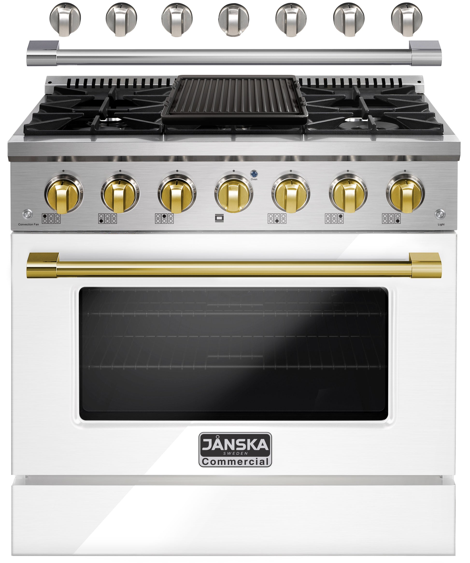 White and gold commercial stove with Janska branding