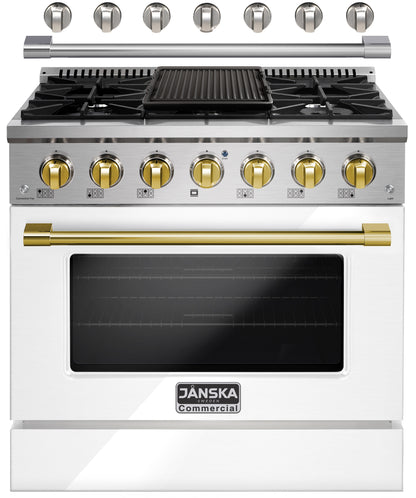 White and gold commercial stove with Janska branding
