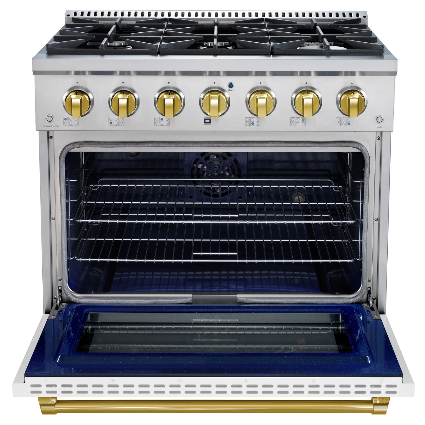 Stainless steel kitchen range with open oven door on a white background