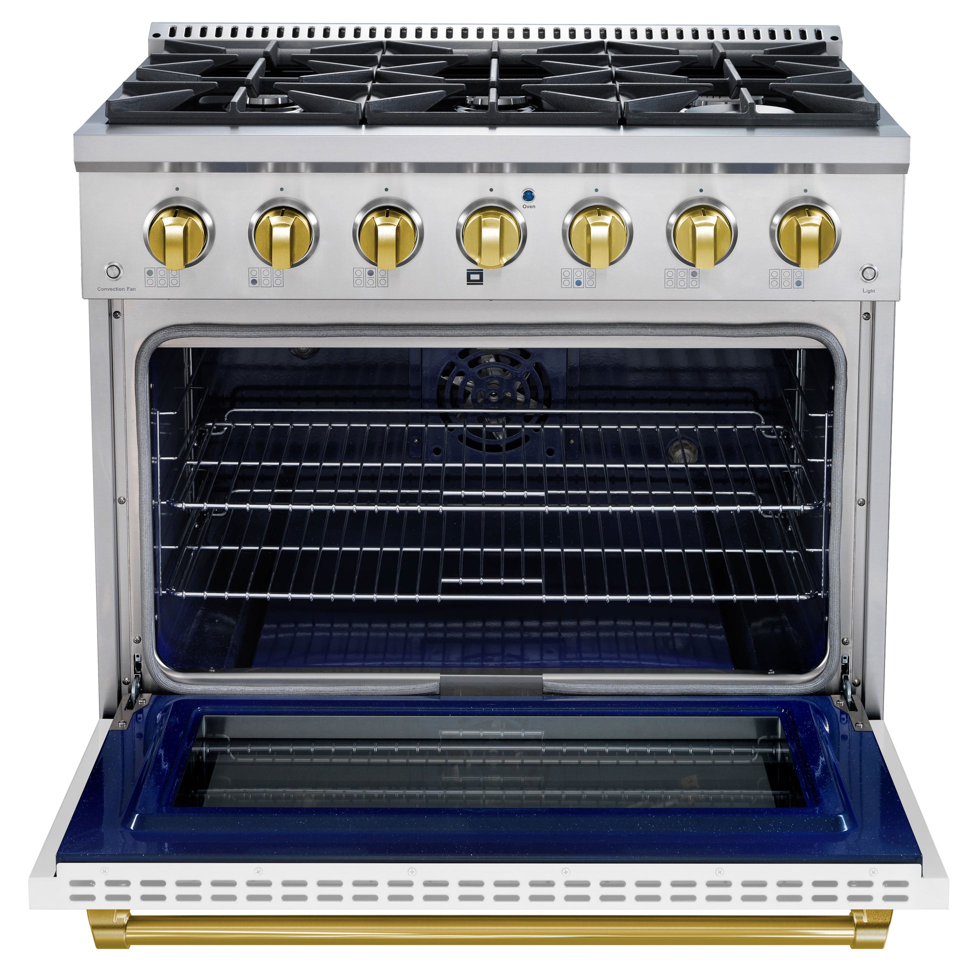 Stainless steel kitchen range with open oven door on a white background
