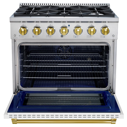 Stainless steel kitchen range with open oven door on a white background