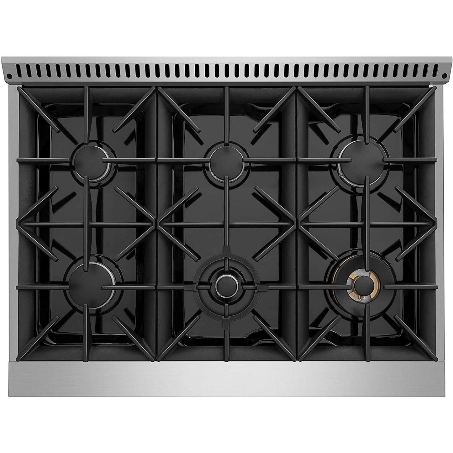 Stainless steel gas cooktop with five burners on a white background