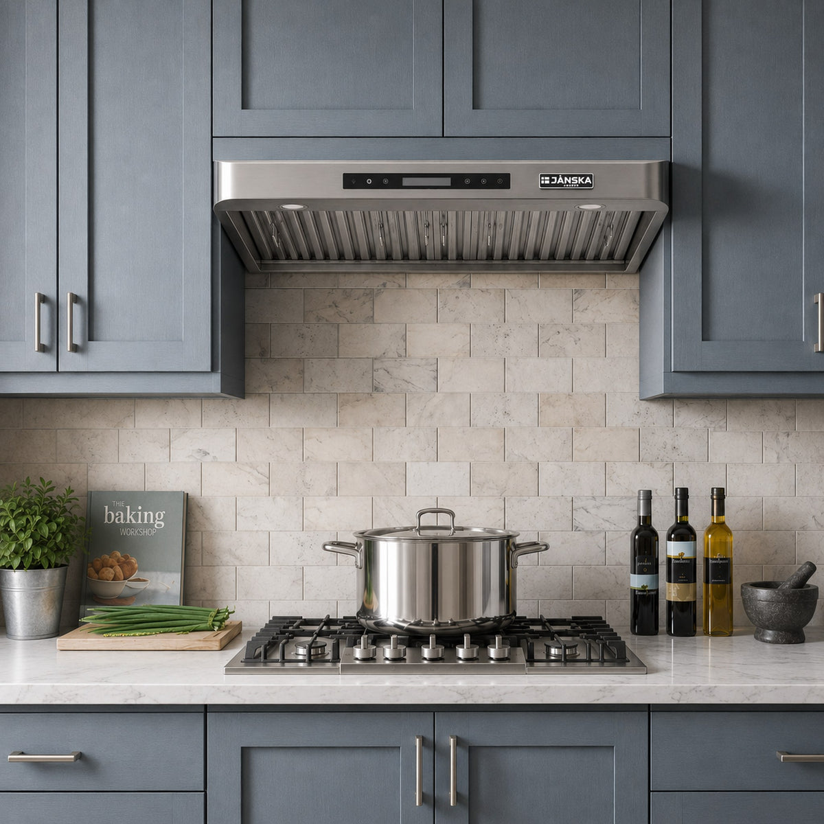 A stainless steel Janska range hood installed in a modern kitchen with slate blue-gray cabinets, a light marble backsplash, and a gas stovetop with a large pot on top.