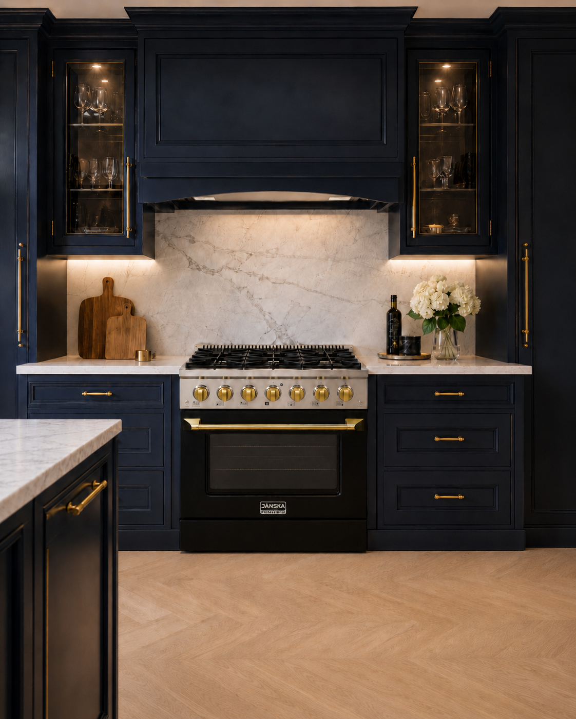 Modern blue kitchen with black cabinets, marble backsplash, and gold hardware. Janska black gas range with gold handle and gold knob.