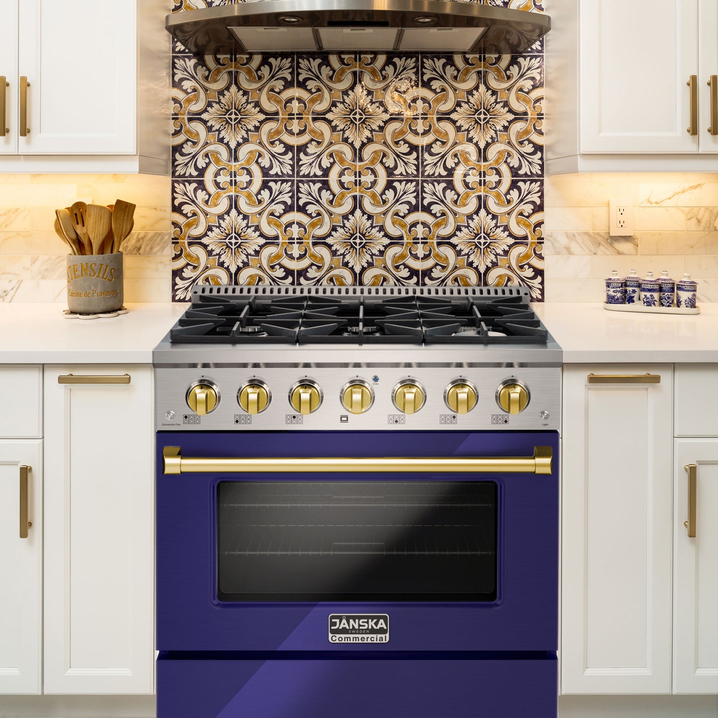 Blue Dansk stove with decorative backsplash in a kitchen setting