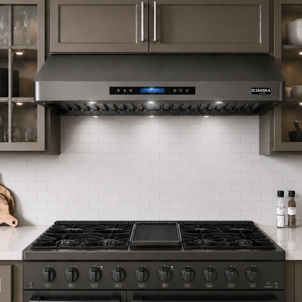 A black gas range and matching under cabinet range hood set in a modern kitchen with dark wood cabinets, a white subway tile backsplash, and white countertops