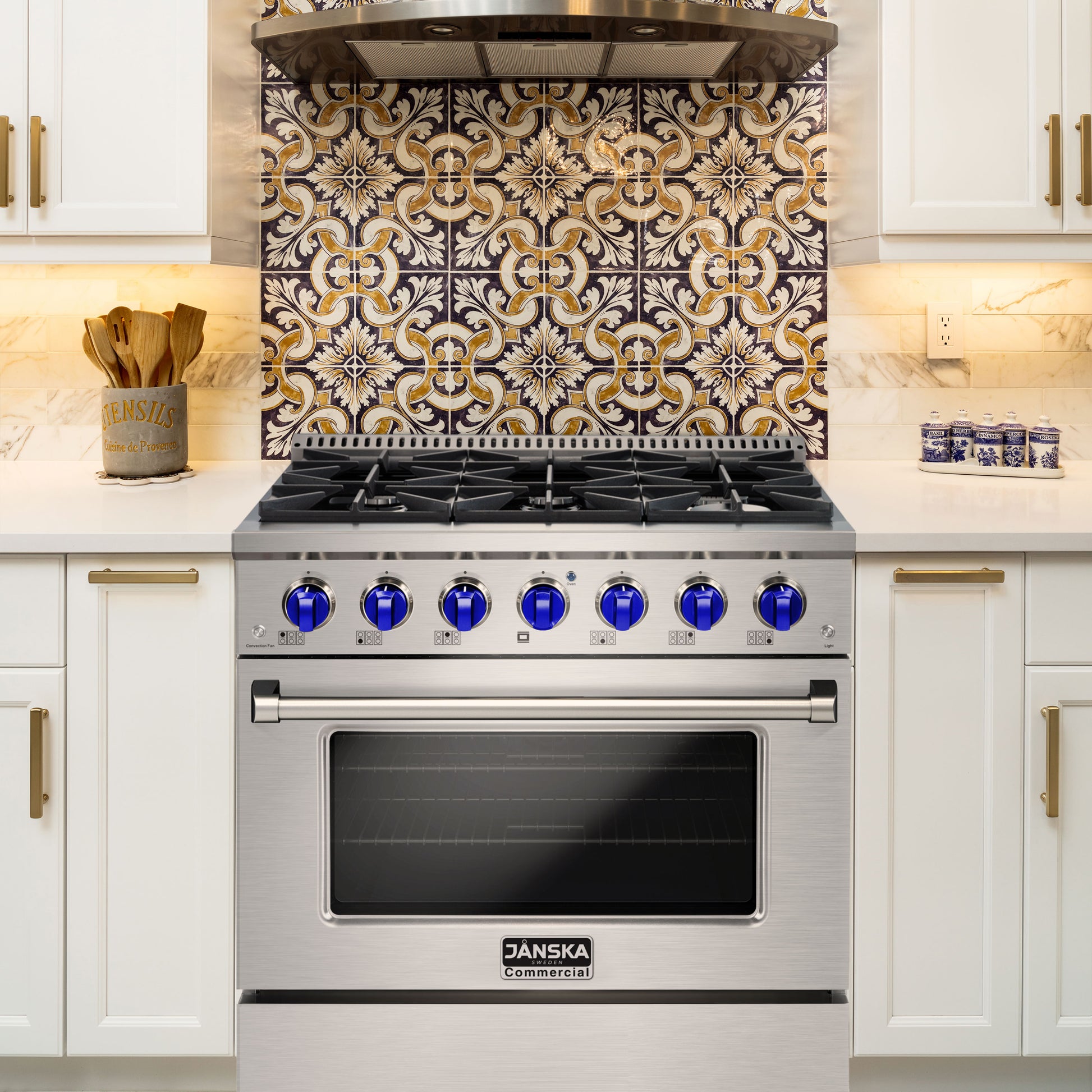 Stainless steel oven with decorative backsplash in a kitchen setting