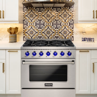 Stainless steel oven with decorative backsplash in a kitchen setting