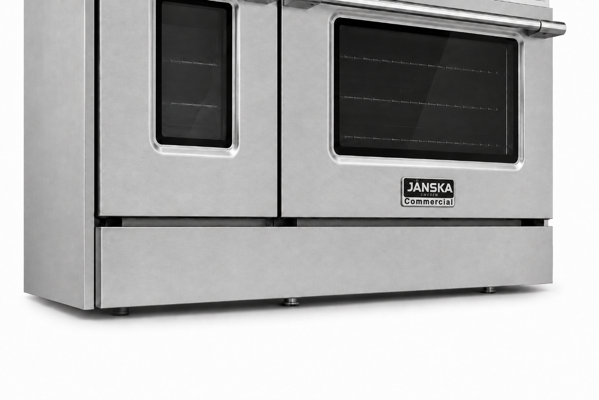 Janska gas range in stainless steel with two front doors and glass windows, shown on a white background.