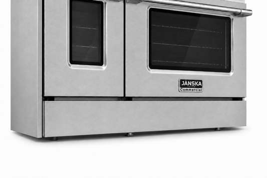 Janska gas range in stainless steel with two front doors and glass windows, shown on a white background.