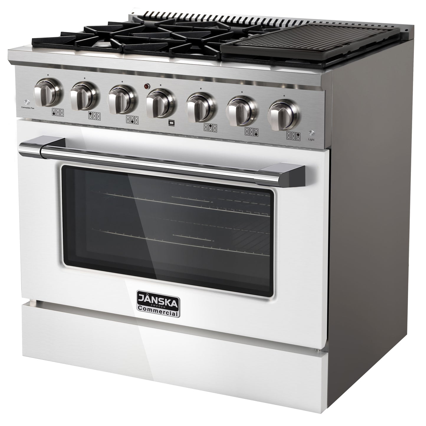 Stainless steel commercial oven with gas cooktop on a white background
