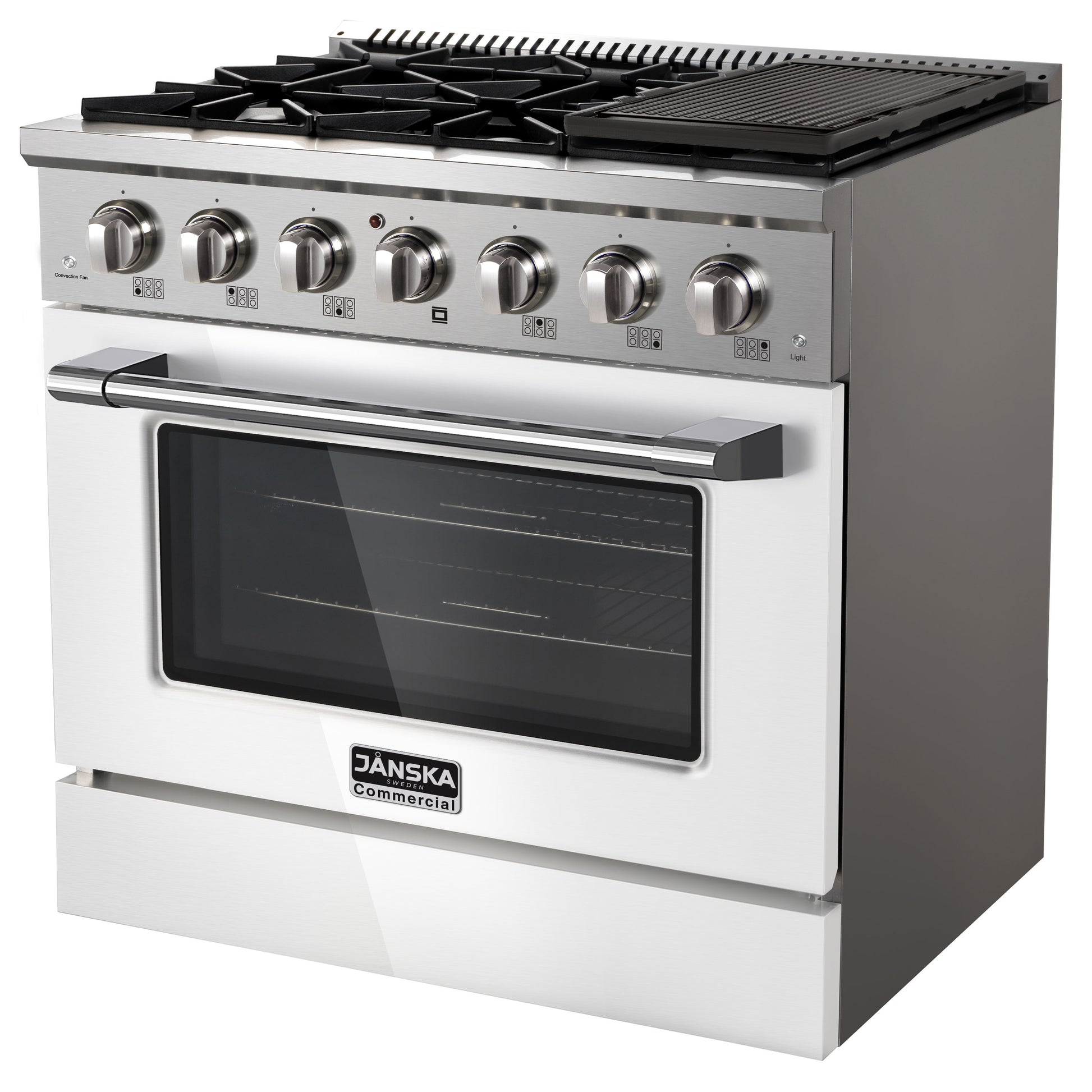 Stainless steel commercial oven with gas cooktop on a white background