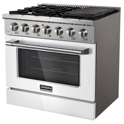 Stainless steel commercial oven with gas cooktop on a white background