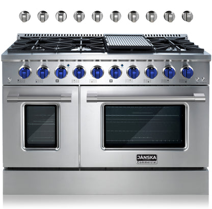 Stainless steel 48 inch gas range with blue knobs, with griddle, and double ovens and JANSKA branding on a white background. Extra silver knobs.