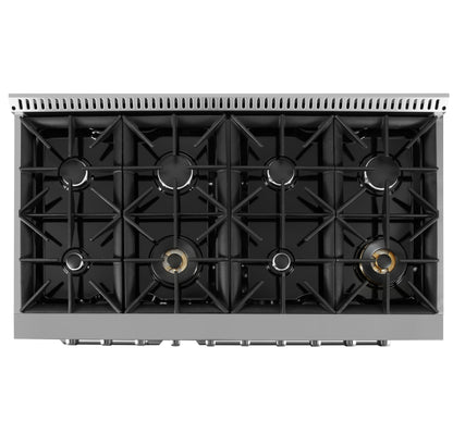 Gas Range cooktop with 8 burners, 6 aluminum burners and 2 brass double burners, black porcelain cooktop and continuous cast iron burner grates on a white background.